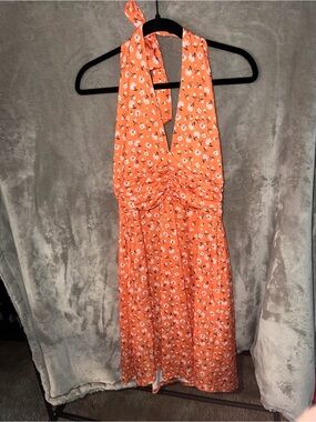 Orange Floral Halter Midi Dress
